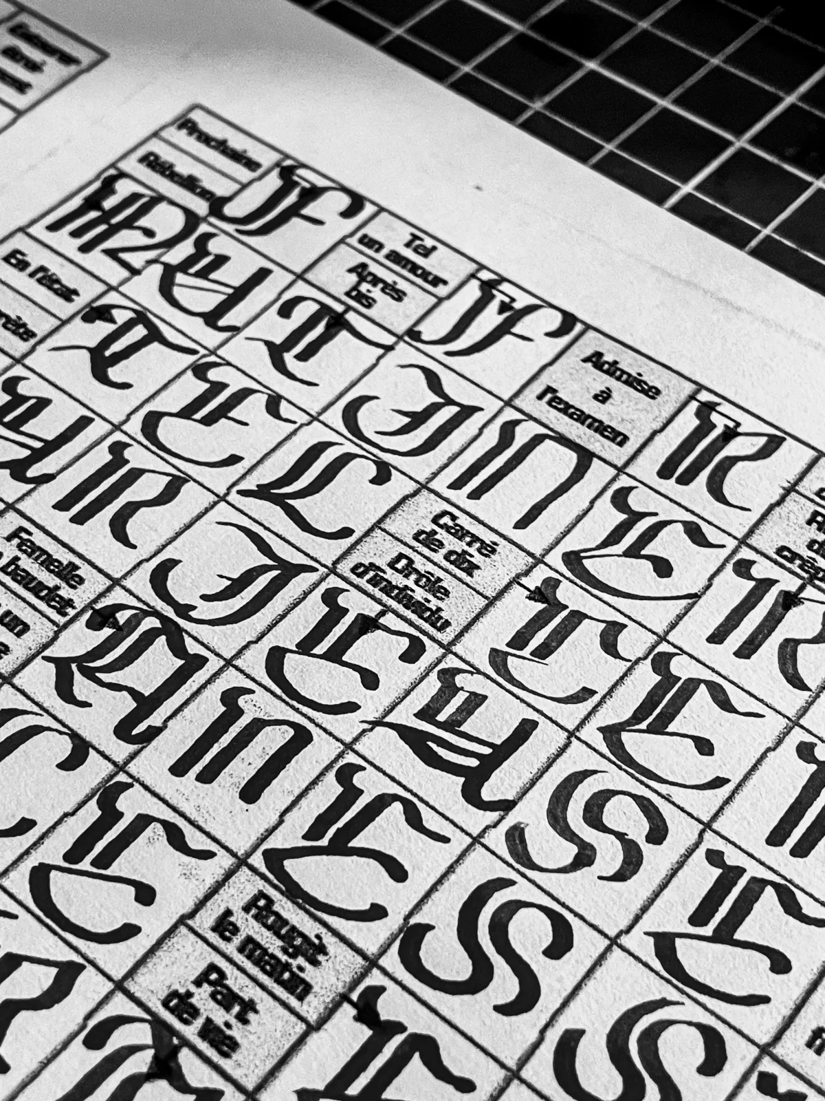 Planche de lettres gothiques rouges imprimées