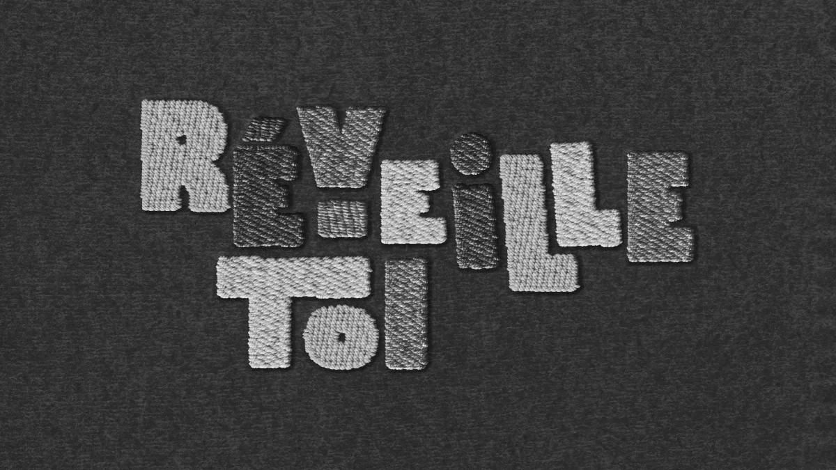 Broderie « Réveille-toi » en lettres colorées sur fond vert