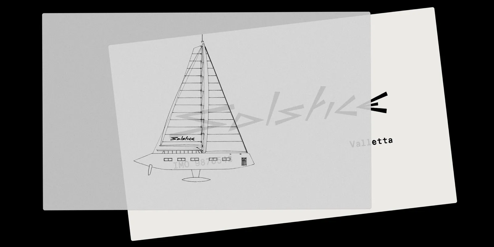 Planches de dessin du lettrage Solstice et silhouette du voilier